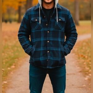 Wrangler Quilted Lined Flannel Shirt Jacket Hoodie Blue Plaid M